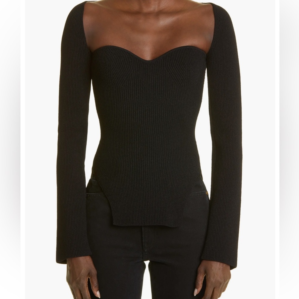 Sweetheart Neck Sweater Small Black Ribbed Knit Top Khaite-style Cotton Long Slv
